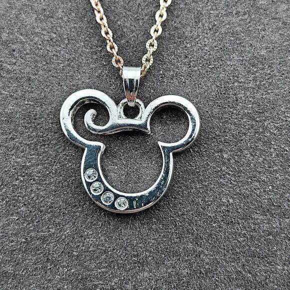 Disney Rhinestone Mickey Ears Charm Pendant Necklace On Silver Tone Chain - Picture 2 of 6